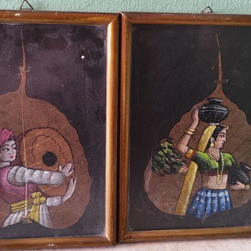 Artworks used on tree leaves in framed small paintings