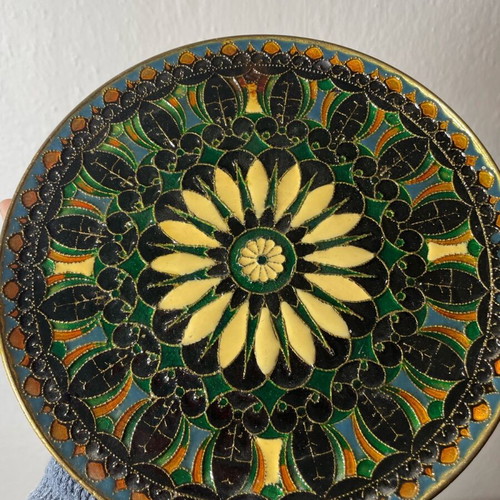 Decorative wall plate collectible with Byzantine mosaic, brass and enamel