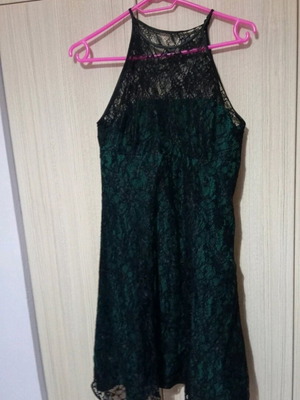 Evening women's dress like new with black lace and cypress tartan fabric