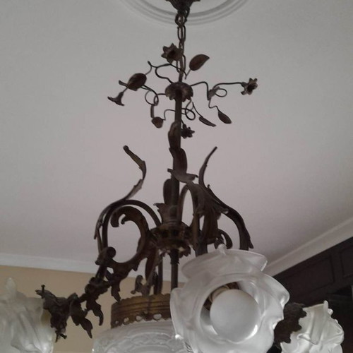 Vintage five-light ceiling lamp used, brass and glass