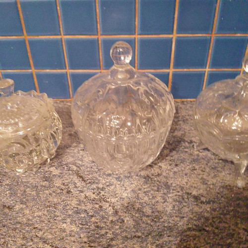 Glass fondantieres set of 3 used, with lids, Mary Rose