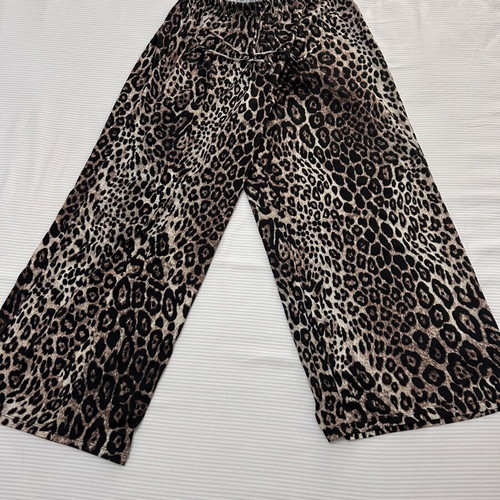 Leopard print palazzo pants with elastic waist and drawstring