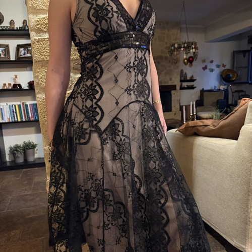 Derhy evening dress new, black and beige lace midi with v neckline