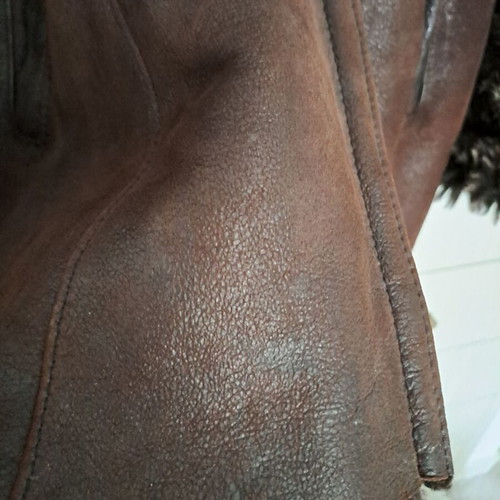 Mouton leather coat like new, brown with detachable hood