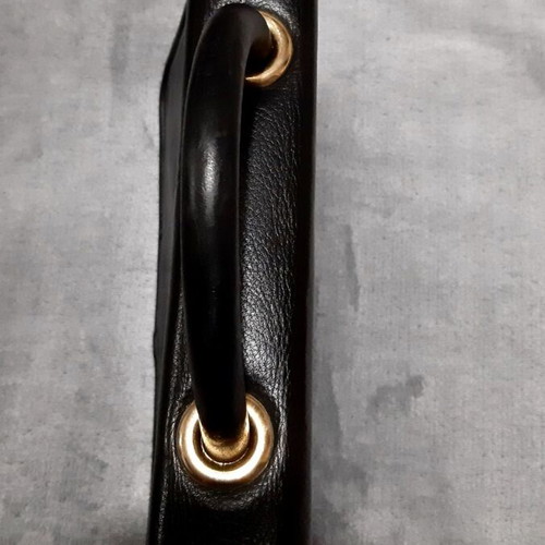 Italian black genuine leather handbag, large, with long strap