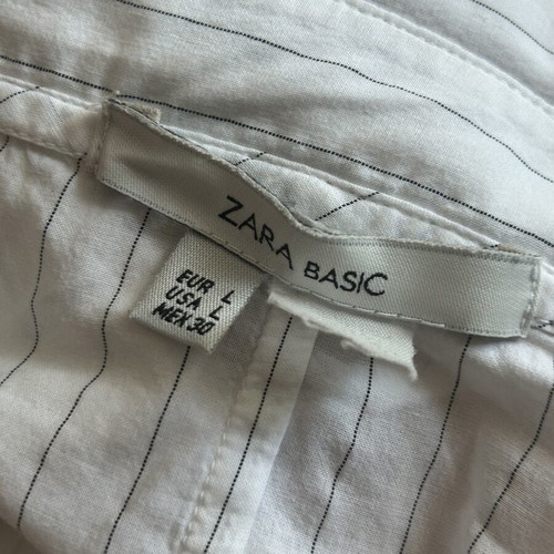 Zara white striped short-sleeve shirt with cord