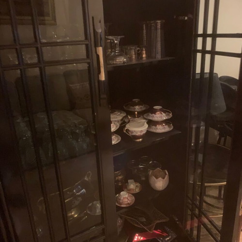 Solid wood showcase used, black lacquer with lighting