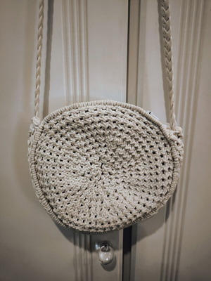 Round white macrame crossbody bag with cord, cotton