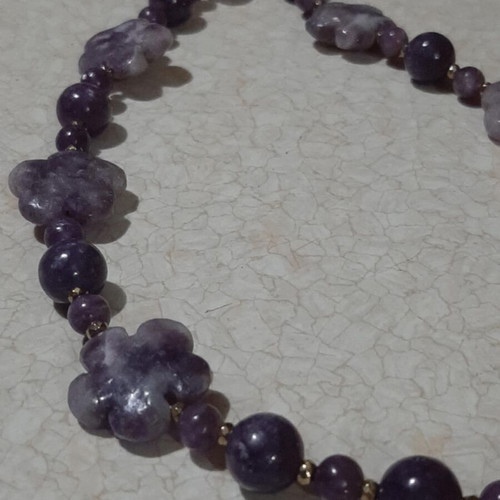 Necklace with rare lepidolite shaped as flowers and round stones, silver 925