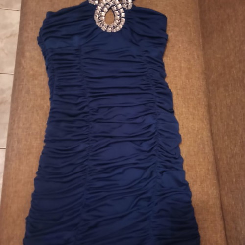 Evening dress used, blue with lace and ruching