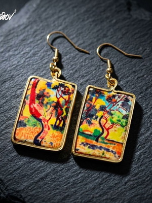 Apefthon earrings with Trees at Collioure theme, new, multicolor, gold-tone