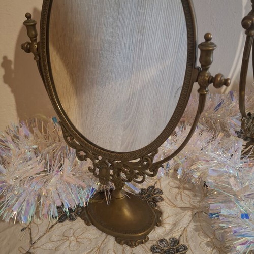 Vintage brass tabletop mirror set of 3 Baroque Rococo style, like new
