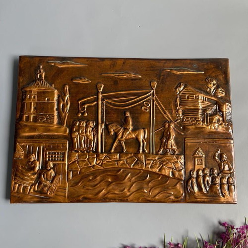 Vintage copper handmade relief wall art used