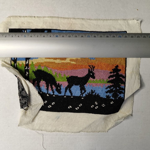Vintage embroidery landscape with deer and sunset used