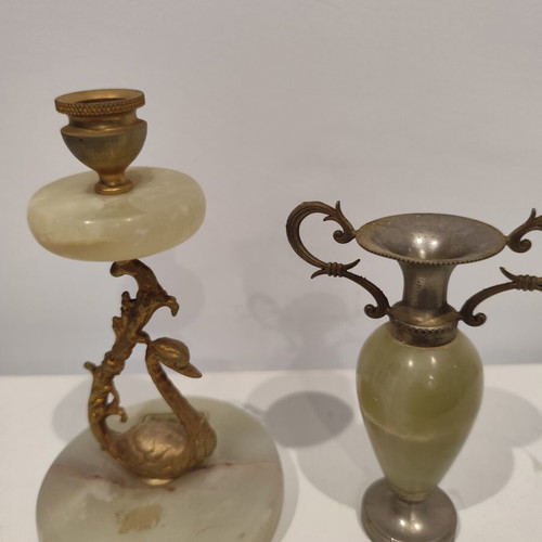 Vintage amphora with onyx and brass relief decoration