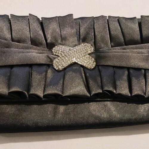 Evening satin handbag new, gray silver with chain
