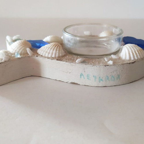 Wooden tealight holder used, fish-shaped, Lefkada souvenir