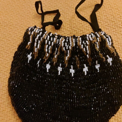 Evening beaded hand bag used, black multicolor