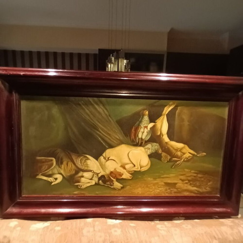 Oil painting by Papagiannopoulos 1976 used, large hunting theme