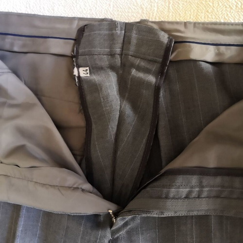 Gray striped men's summer suit by E. Loumos, used, size 50 jacket, altered pants
