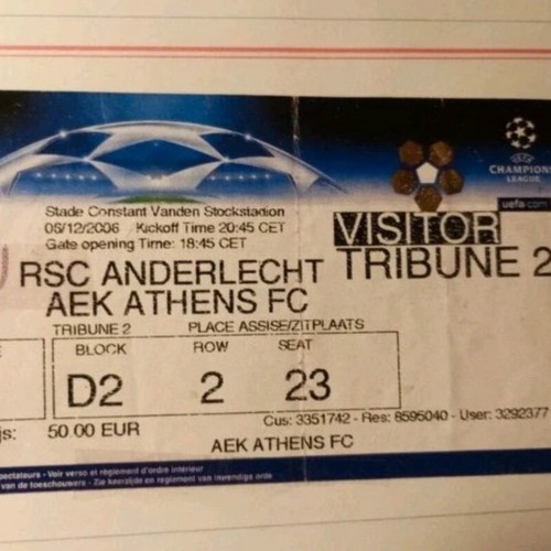 Anderlecht - AEK Football Ticket 2006 Like New