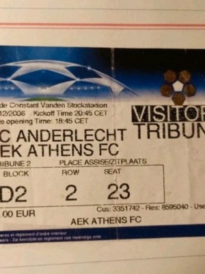 Anderlecht - AEK Football Ticket 2006 Like New