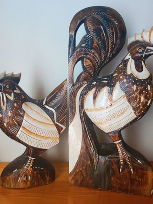 Handmade African Wood Carved Rooster Set of 2, new
