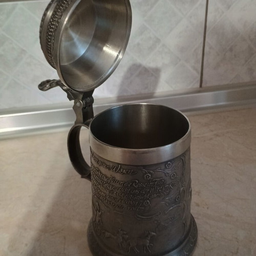 Vintage German beer stein used, embossed tavern scenes, 95% pewter
