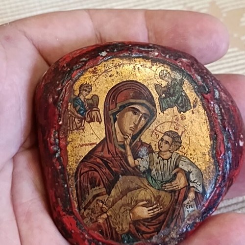 Silkscreen icon on canvas on pebble