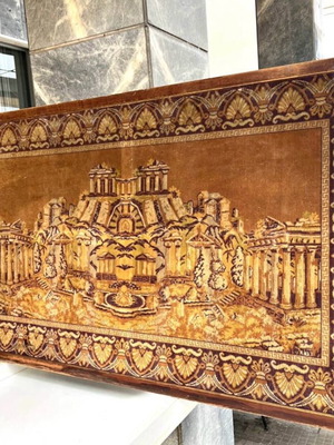 Large vintage framed artwork with handmade design used (rug/tapestry)