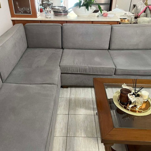 Handmade corner sofa cherry wood 2.35x1.70 like new, gray fabric