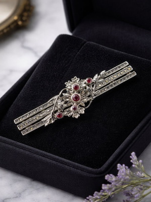 Vintage καρφίτσα μεταχειρισμένη, ασημένια με ρουμπινάκια