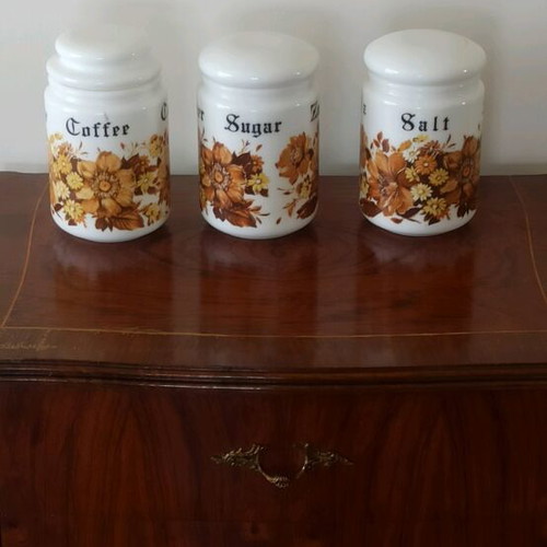 Vintage kitchen jars set of 5 used, milk glass with floral and scenic patterns