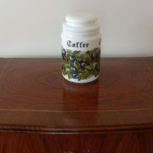 Vintage kitchen jars set of 5 used, milk glass with floral and scenic patterns