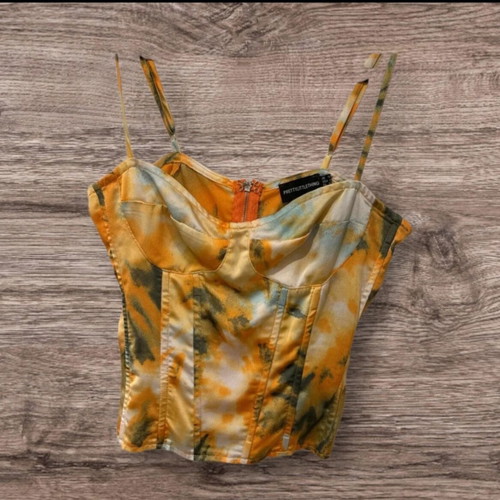 PrettyLittleThing Satin Corset Crop Top, orange tie-dye