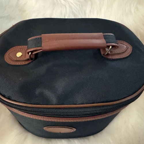 Toiletry bag cosmetic case new, blue fabric and brown leatherette