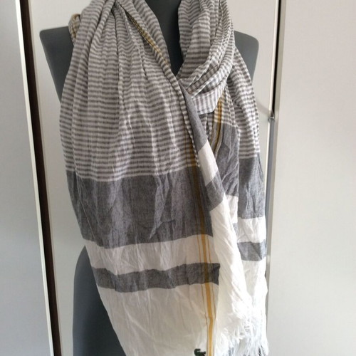Lacoste Striped Scarf New Grey White Yellow Cotton