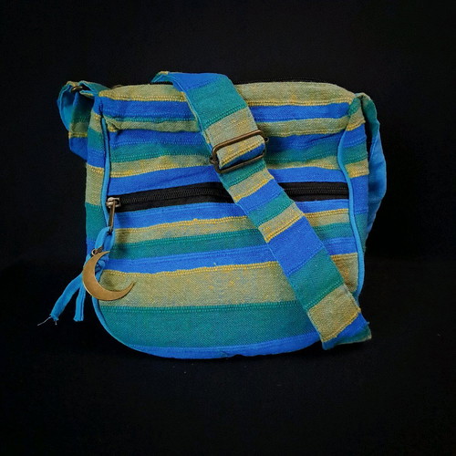 Cotton sling bag turquoise blue with copper moon charm new