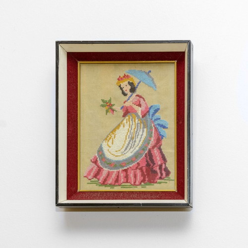 Vintage embroidered lady with umbrella frame like new, double depth frame