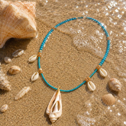 Handmade Long Necklace with Semi-Precious Stone TURQUOISE, Natural Shells and Crystals