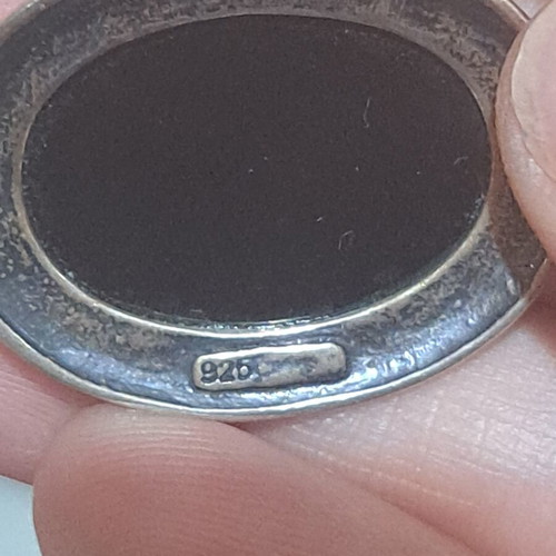 Vintage Silver Pendant 925 with Black Stone and Carved Jesus and Virgin Mary