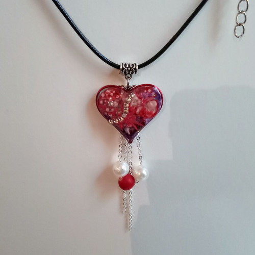 Handmade double-sided necklace new, red, with heart pendant