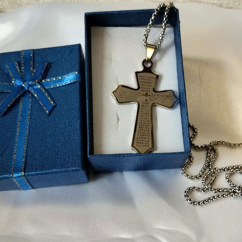 Polygonal stainless steel cross with engraved prayer new