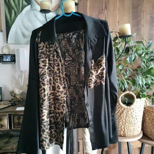 Satin shirt and leggings set with leopard details, new, black