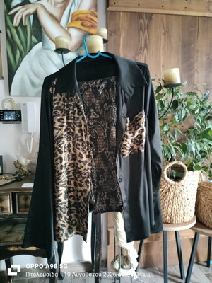 Satin shirt and leggings set with leopard details, new, black