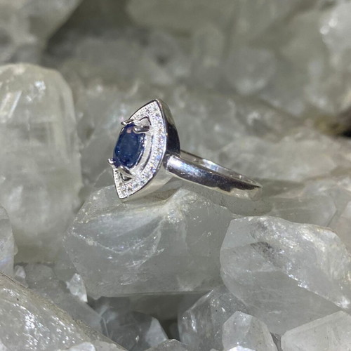 Handmade silver ring with natural blue sapphire and moissanites, size 10