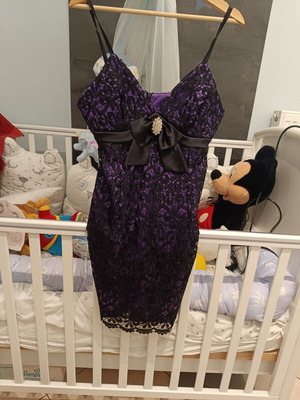 Tassos Mitropoulos satin purple dress with black lace new