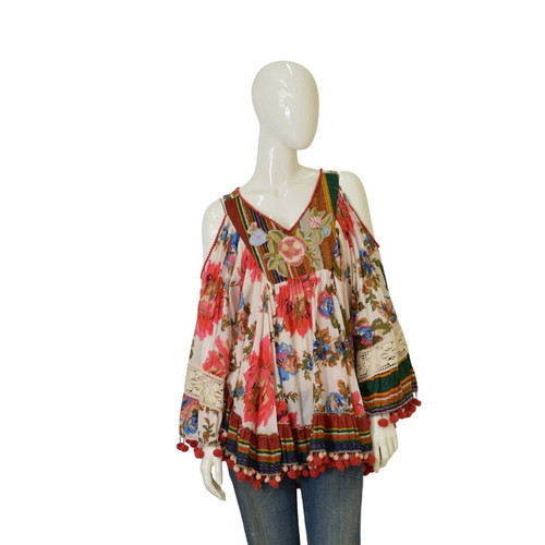 Antica Sartoria tunic blouse top with embroidery, cold shoulders and pom poms, multicolor, very good condition