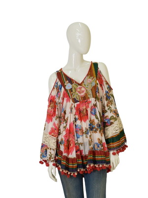Antica Sartoria tunic blouse top with embroidery, cold shoulders and pom poms, multicolor, very good condition