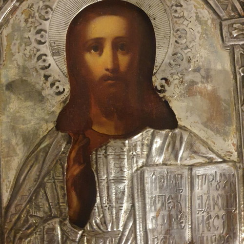 Old Russian Jesus Icon used in wooden frame with glass